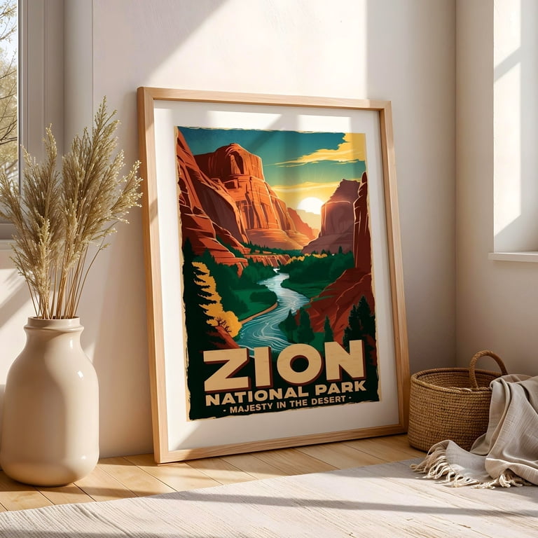 額装品/Lone Runner Lone Pine（パタゴニア）/アートポスター Zion National Park Poster: A Vintage Canyon Scene - Utah