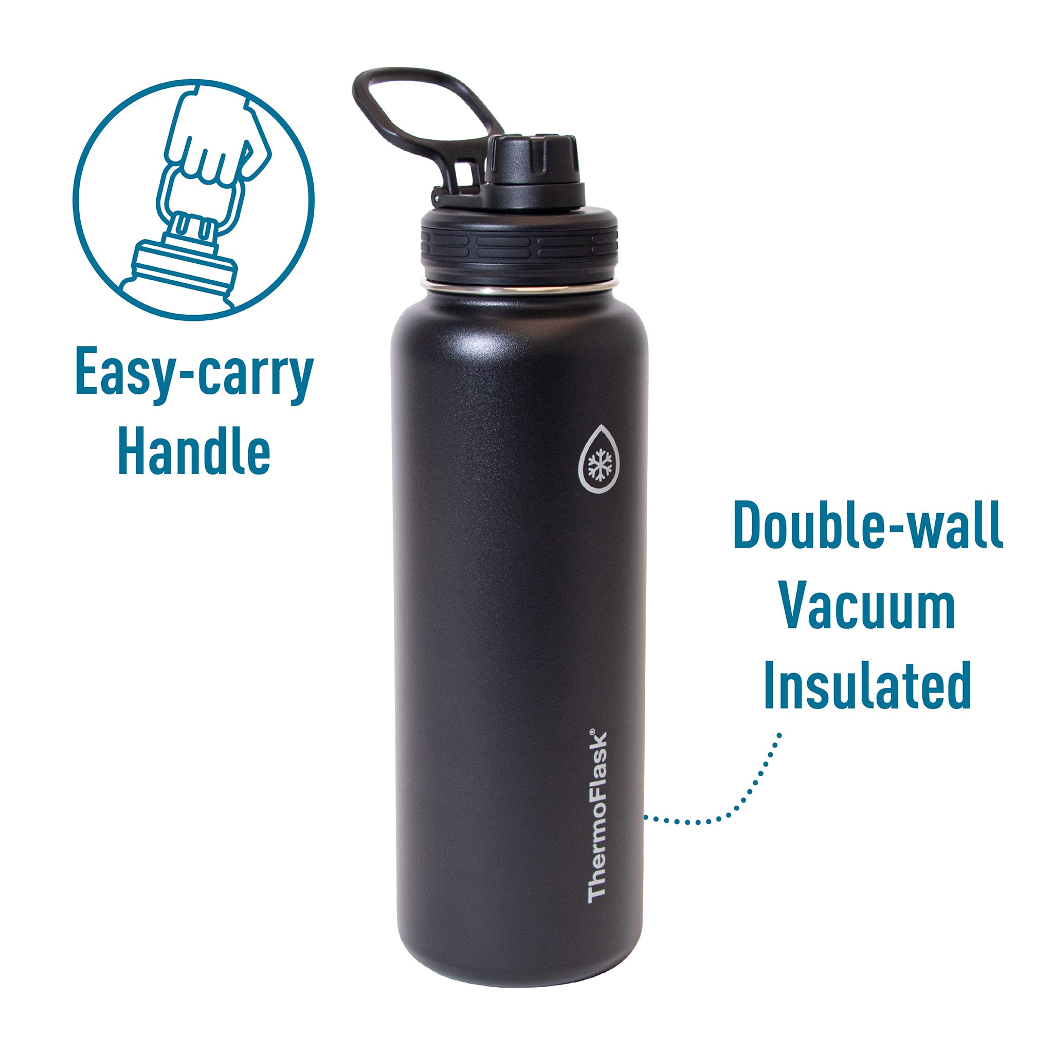 ThermoFlask 40 oz Double Wall Vacuum Insulated Stainless Steel Water Bottle with Chug Spout Lid, Pitch Black