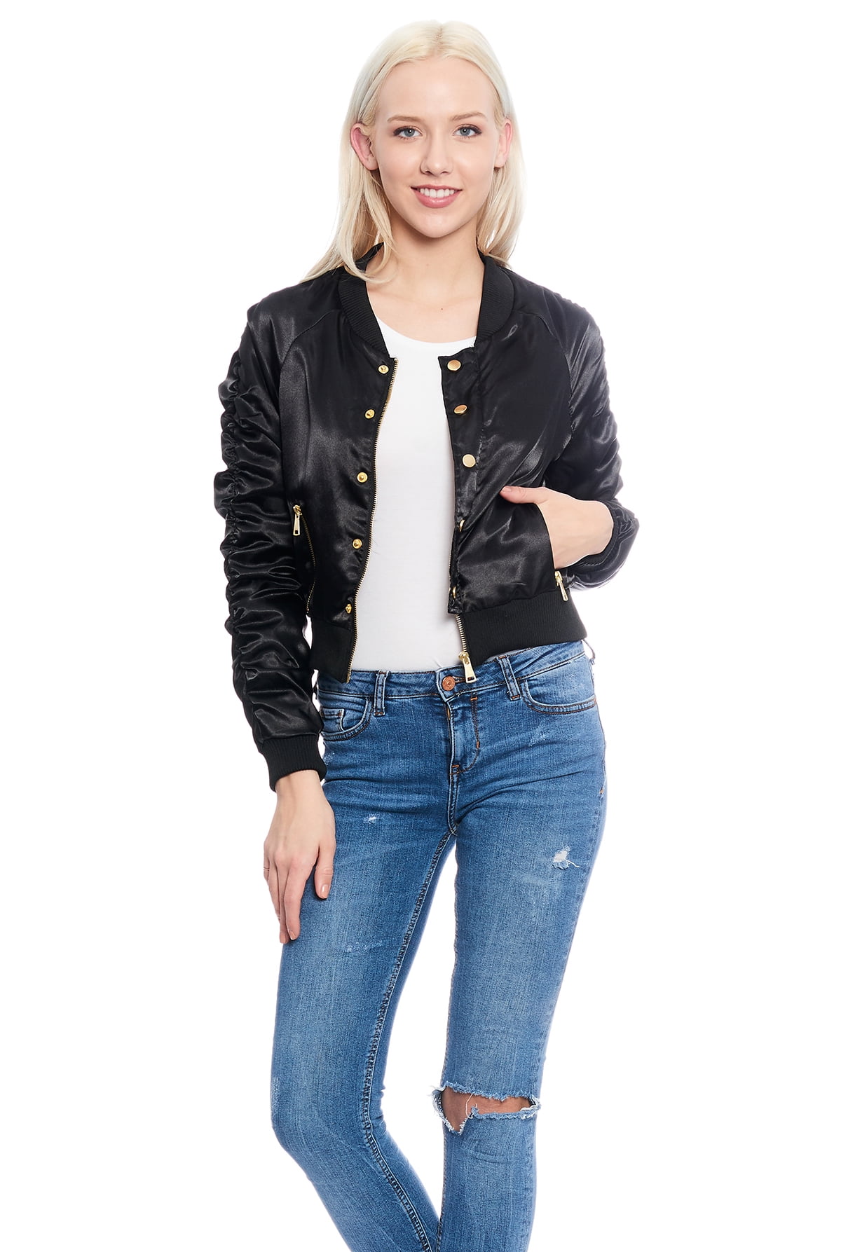 Glamsia Women's Petite Crop Top Bomber Jacket with Ruffled Sleeves