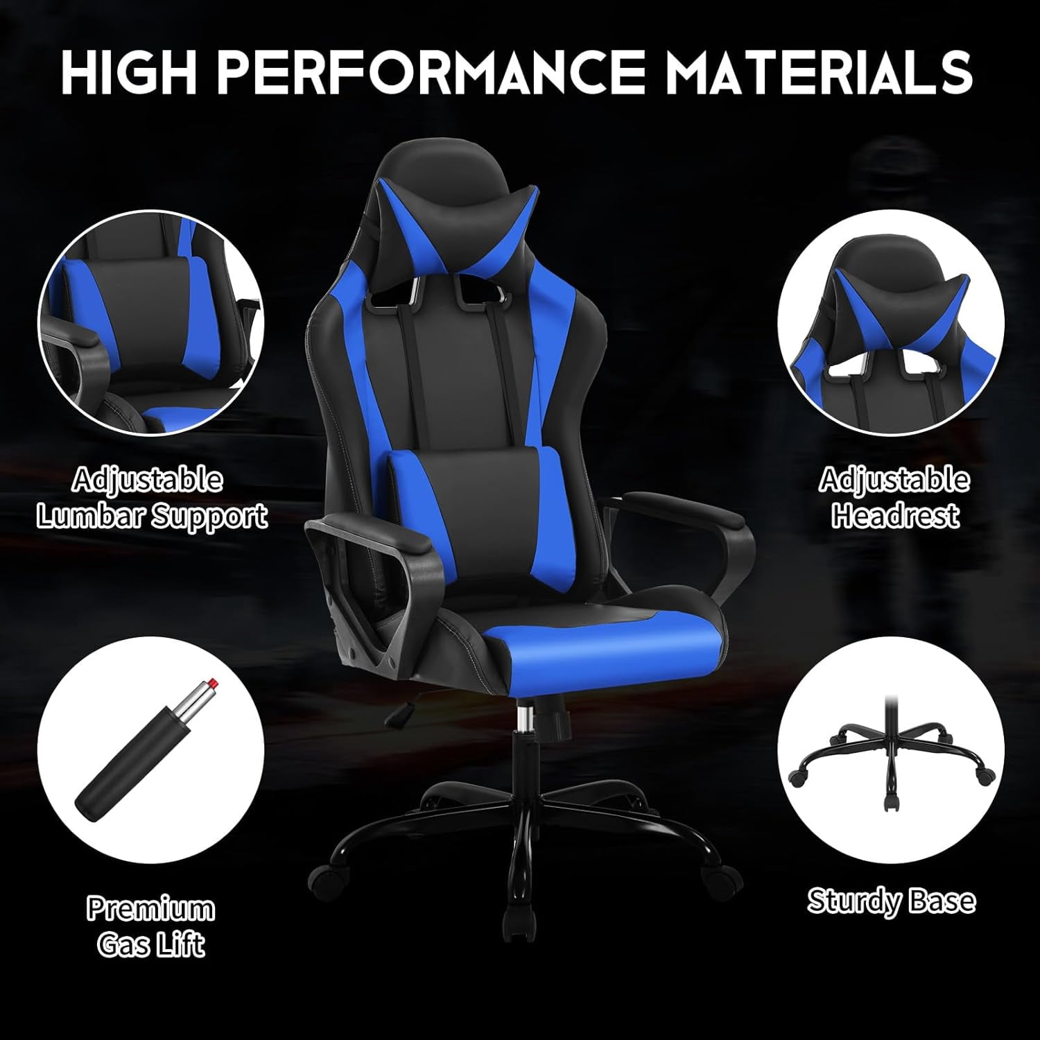 BIQWBIC Gaming Chair, High-Back Ergonomic Video Game Chair for Teen, with Adjustable Seat, Lumbar Support, Armrest and Headrest, Blue