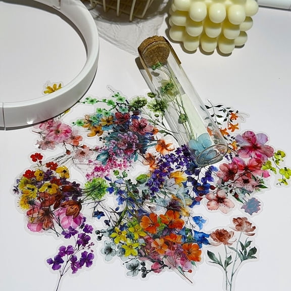 Decorative Window Decals, Floral Garden Design with Colorful Wildflowers, Self-Adhesive Glass Stickers