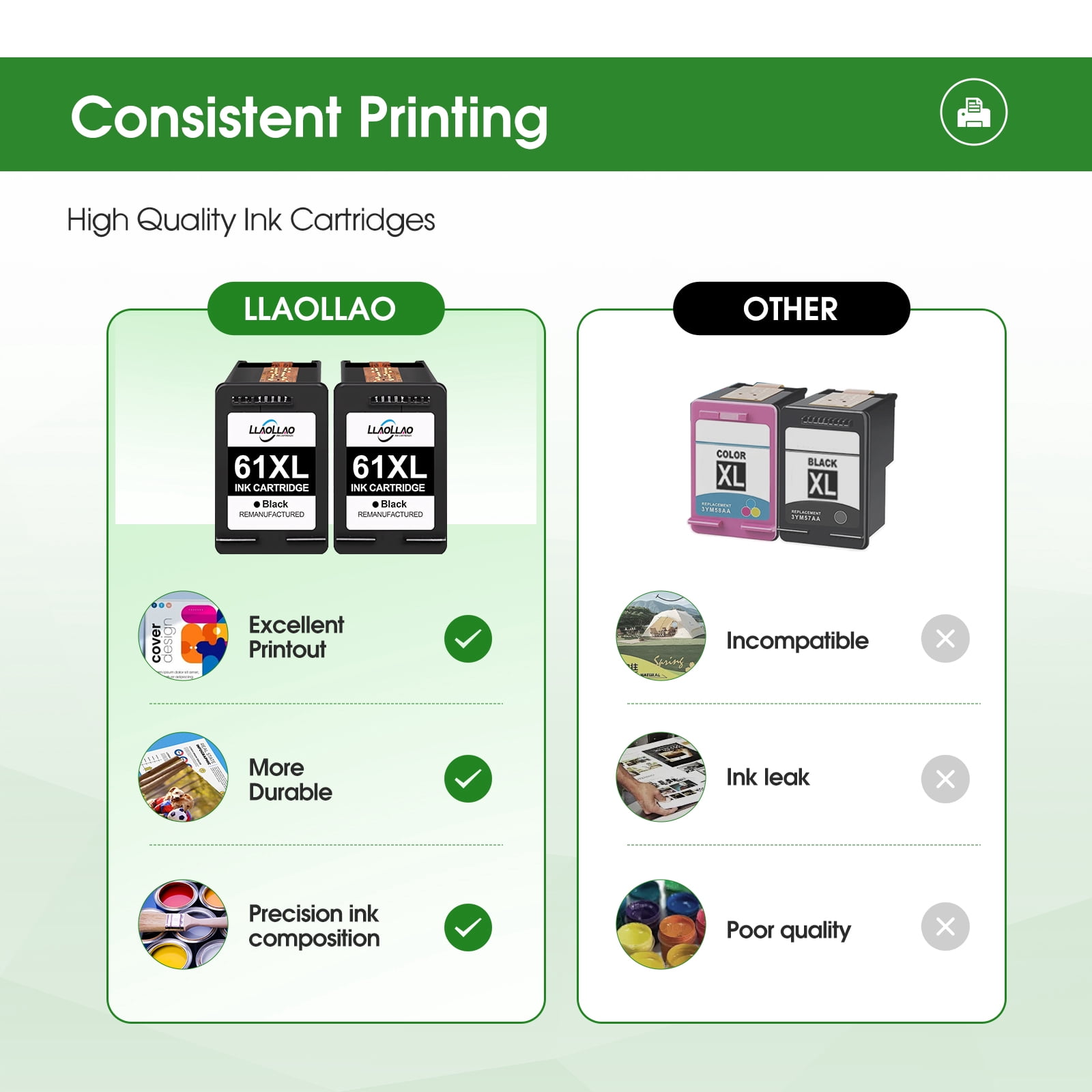 61 Black Ink Cartridge Compatible for HP 61 Ink Cartridges Ink 61XL for Envy 4500 5530 Printers (2 Black)