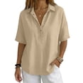 thumbnail image 3 of Women's Button Down Collared Shirt Short Sleeve Linen Blend Casual Loose Fit V Neck Summer Work Blouse Top 01-Khaki XXL, 3 of 4