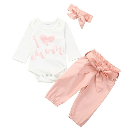 

EHTMSAK Infant Baby Toddler Girl Long Sleeve Clothing Set Bodysuit and Bow Pants Set Outfits Letter Print with Headband White 3M-18M 70