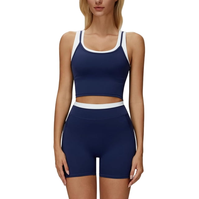 PISONIC Women Two Piece Workout Sets Color Block Backless Tank Top and High Waist Booty Lifting Shorts Gym Yoga Active Outfits