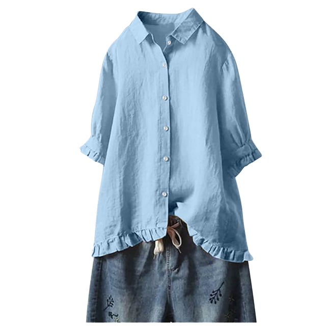 Timegard 3/4 Sleeve Tops for Women Cotton Linen Plus Size Ruffle Button up Shirts Fall Loose Tops Blouse