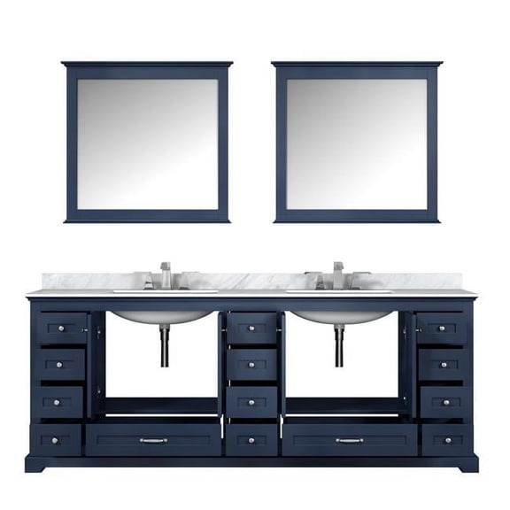 Dukes 84 in. Navy Blue Double Vanity, White Carrara Marble Top, White Square Sinks & 34 in. Mirrors - 84 x 22 x 34 in.