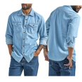 thumbnail image 2 of WTOBBY Men's Lightweight Long Sleeve Shirt Lapel Collar Solid Color jean Style Casual Summer Button Front Breathable Travel Resort Wear Top,Light Blue 3XL, 2 of 5