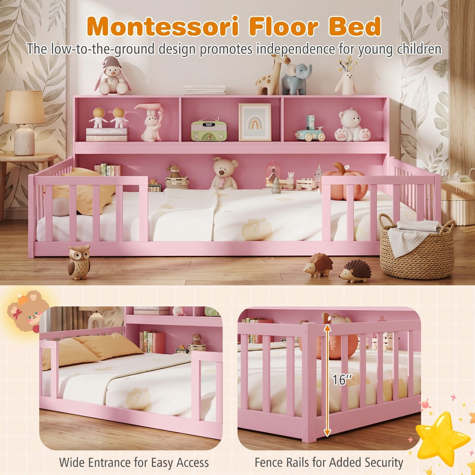 Furnibear Full Size Montessori Floor Bed Frame with Bookcase Headboard and Full Length Fence Rails, Full Bed Frame for Kids Bedroom, Pink