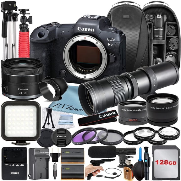 Canon EOS R5 Mirrorless Camera with RF 24-50mm   420-800mm Super Telephoto Zoom Lens   128GB Memory Card   Backpack   Tripod   ZeeTech Accessory Bundle (International Version)