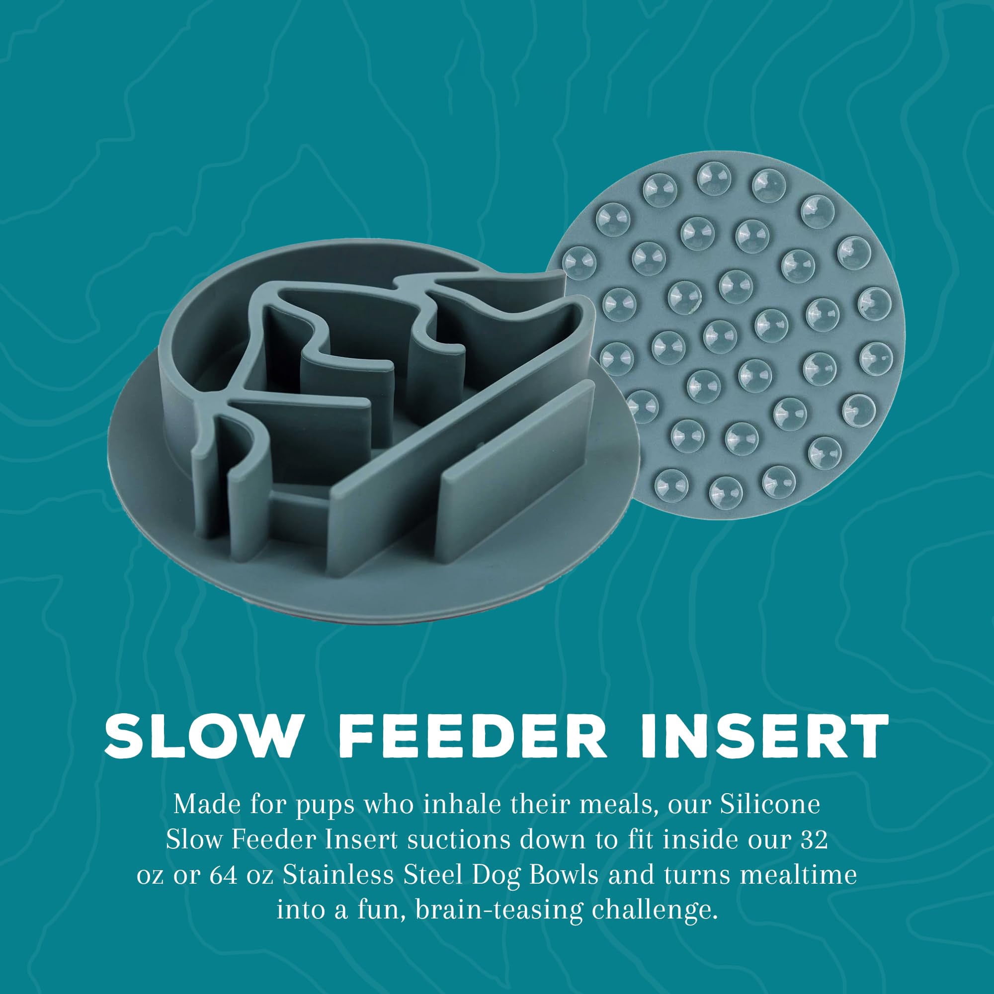 Slow feed dog bowl, non-slip silicone for fast eaters, aids digestion & prevents bloat. Puzzle design enriches mealtime. Dishwasher-safe, fits 7" bowls, green. Adventure-ready
