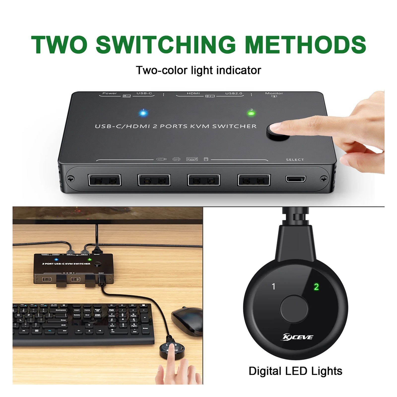 3 USB C KVM Switch 4K 60Hz Type C USB KVM Switcher 87W PD Charge For 2 Computer 1 Monitor
