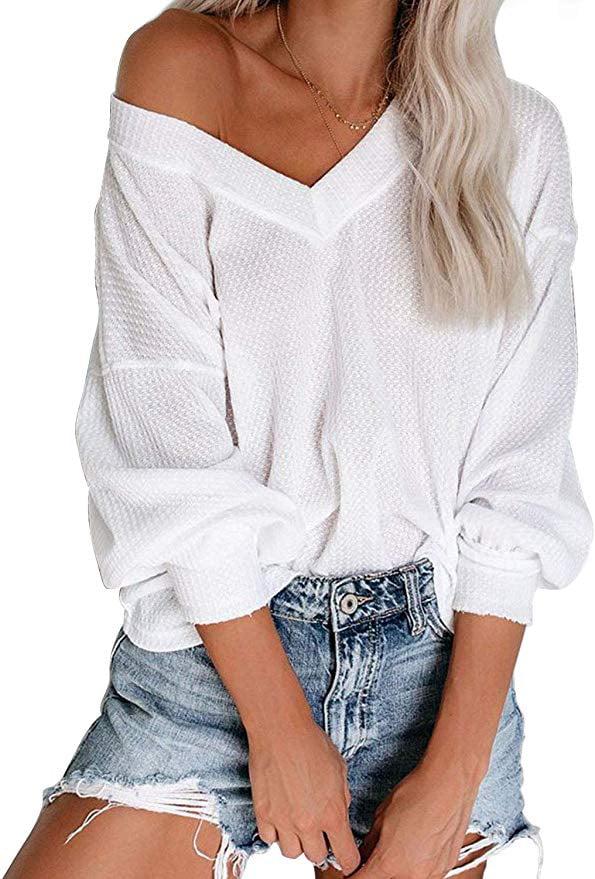 MYMORE Womens Off Shoulder Striped Pullover Sweater Fall V Neck Long Sleeve Waffle Knit Shirt Sweaters Top 