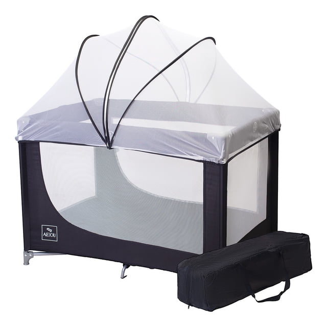 Cuna Corral Viajero Para Bebé Aeiou Bc001 Con Mosquitero Black
