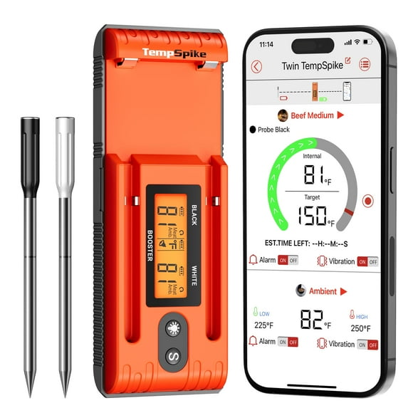 ThermoPro TempSpike Wireless Meat Thermometer Digital with 500FT Bluetooth Range, Cooking Food Thermometer with LCD Signal Booster & Dual Color-Coded Probes for BBQ