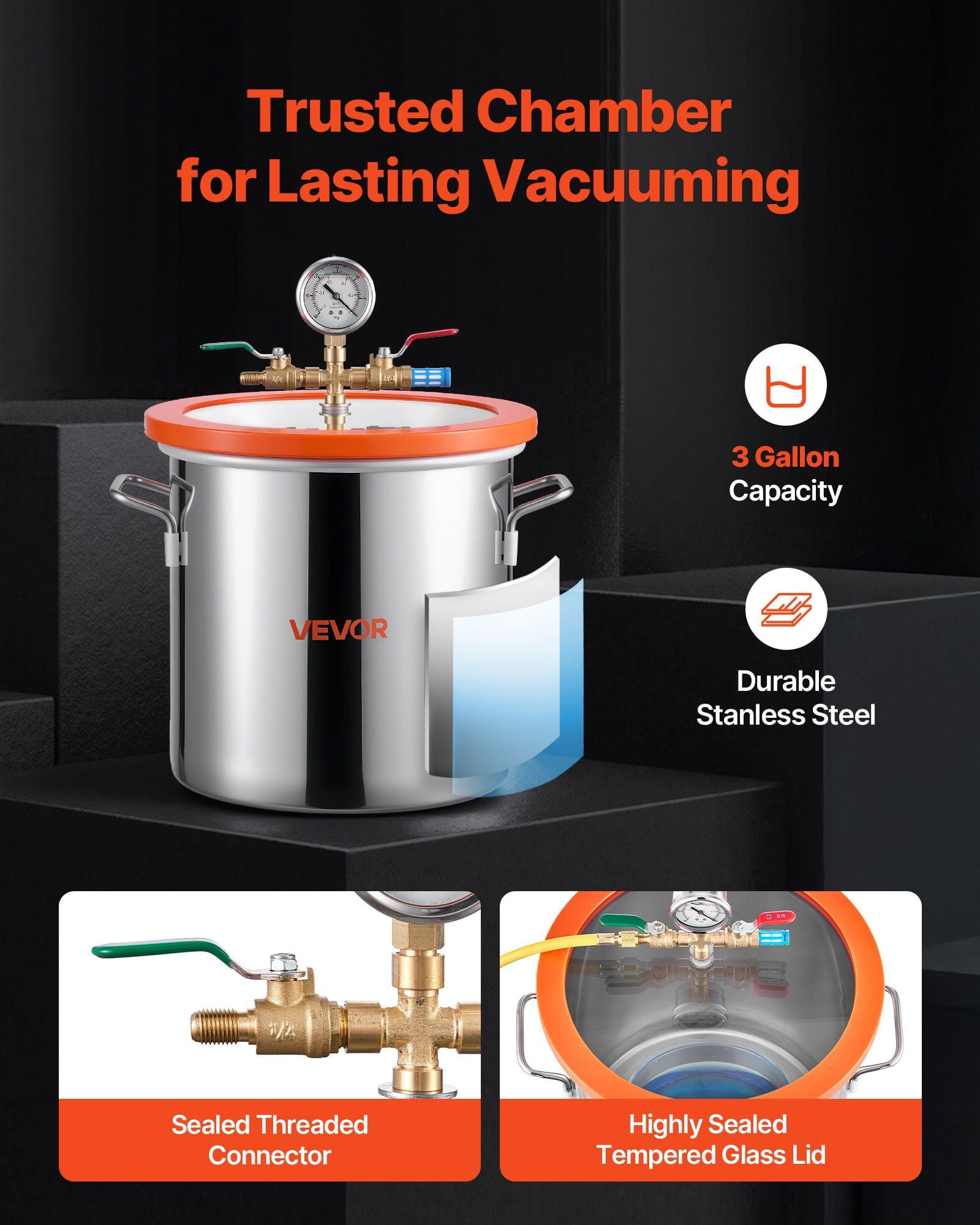 3 Gallon Vacuum Chamber with Pump, 3.5 CFM, Single Stage Vacuum Pump, Stainless Steel Degassing Chamber Kit with Tempered Glass Lid, 5 ft Hose, for Stabilizing Wood Degassing Silicone Resin