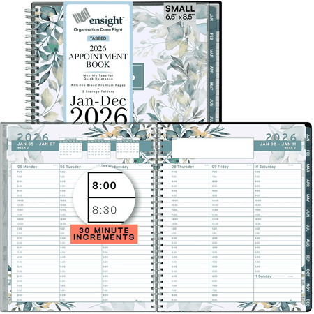 Ensight 2026 Appointment Book and Planner 6.5" x 8.5" Large Hourly Weekly Daily Schedule Book with Tabs, 30 Minute Time Slots, Floral Calendar Organizer Jan 2026–Dec 2026 Appointment Planner - Floral