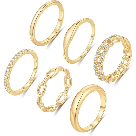 6PCS 14K Gold/Silver Plated Ring Set for Women Teens Cubic Zirconia Chunky Signet Stackable Ring Plain Band Thumb Finger Ring Size 6-10