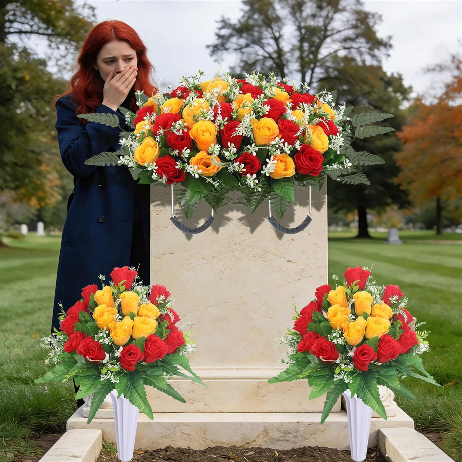 Large Artificial Headstone Flower Saddle for Graves, White Cemetery Memorial Flowers for Outdoor Tombstone Decorations,Peacock Blue 67*34cm