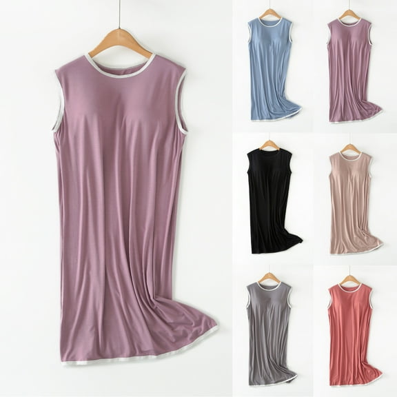 Swuxness Women's Sleeveless Pajama Dress, Long Nightgowns for Women, Women's Fashion Casual Sleeveless Built in Padded Cups Mid Length Long Sleep Nightgowns Dress Coffee, L