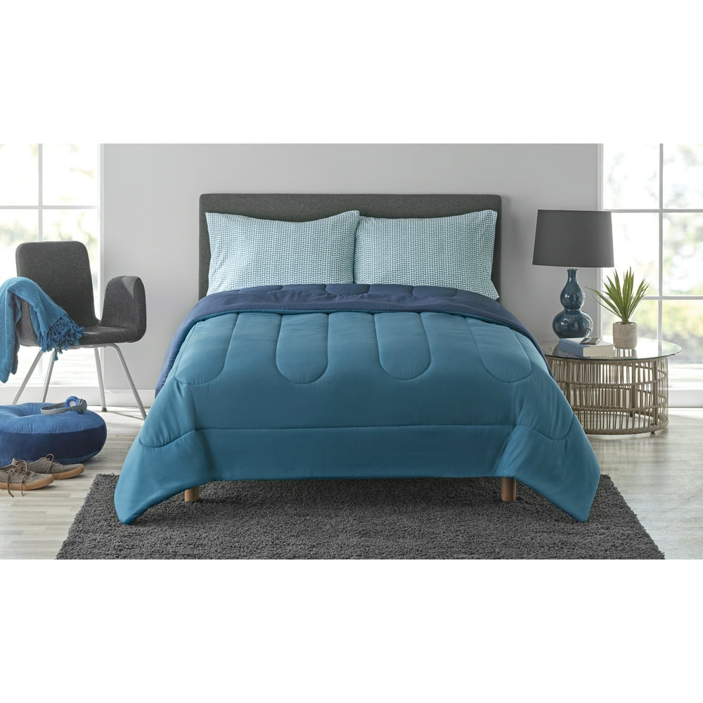 Mainstays 4Piece Essential Bed in a Bag Solid Blue, Full with Fitted