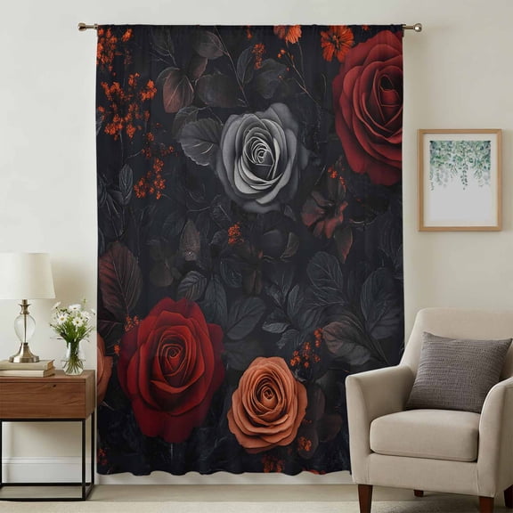 Red Orange Roses Sheer Curtains 108 Inches Extra Long, Elegant Romantic Flowers Pastoral Light Filering Curtains, Privacy Drapes Simi Floor to Veiling Curtain for Living Room Bedroom Window Treatment