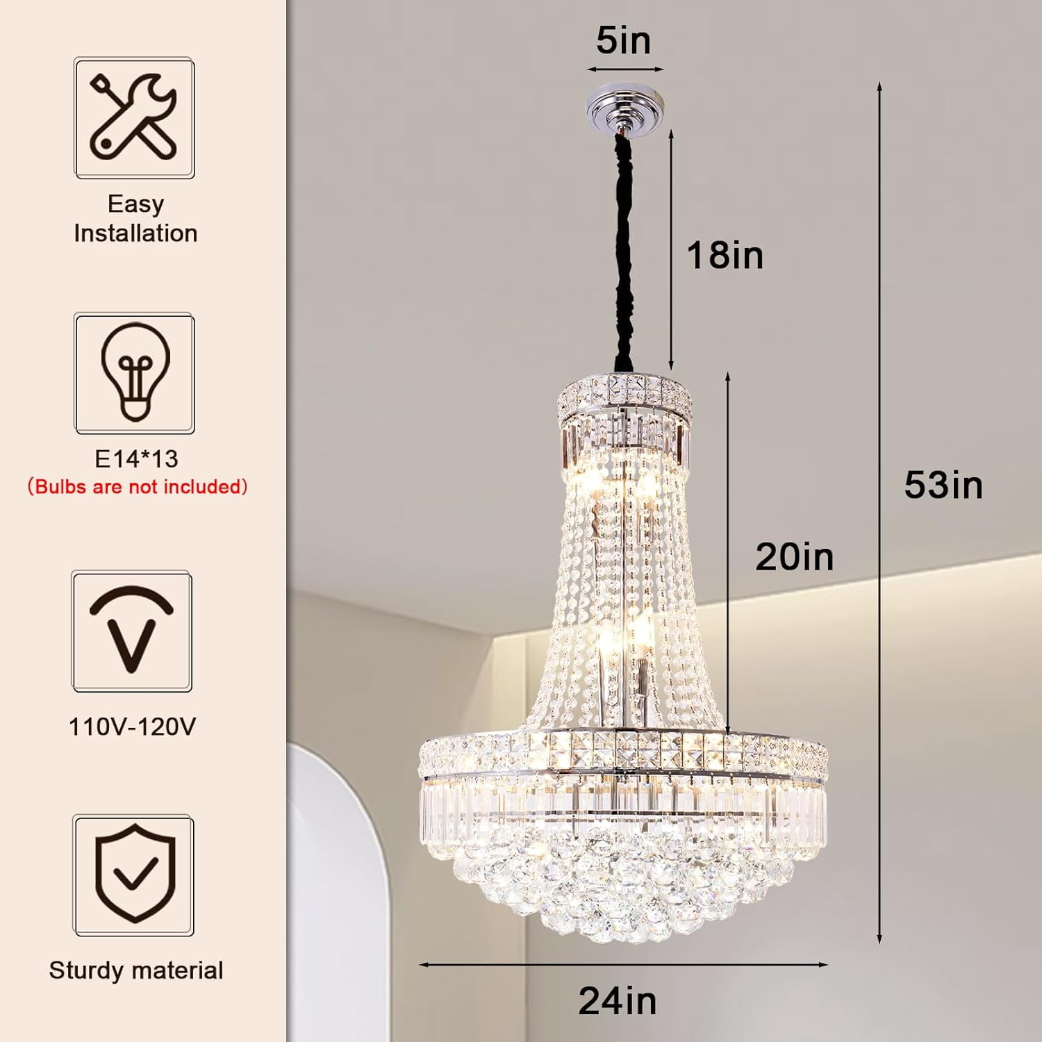 More Change Modern Crystal Chandelier Chrome Empire Hanging Chandelier 13-Lights Crystal Ceiling Pendant Light Fixture for Living Room Dining Room Foyer