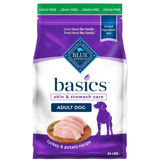 Blue Buffalo Basics Grain-Free Adult Dry Dog Food, Skin & Stomach Care, Turkey, 24lb Bag