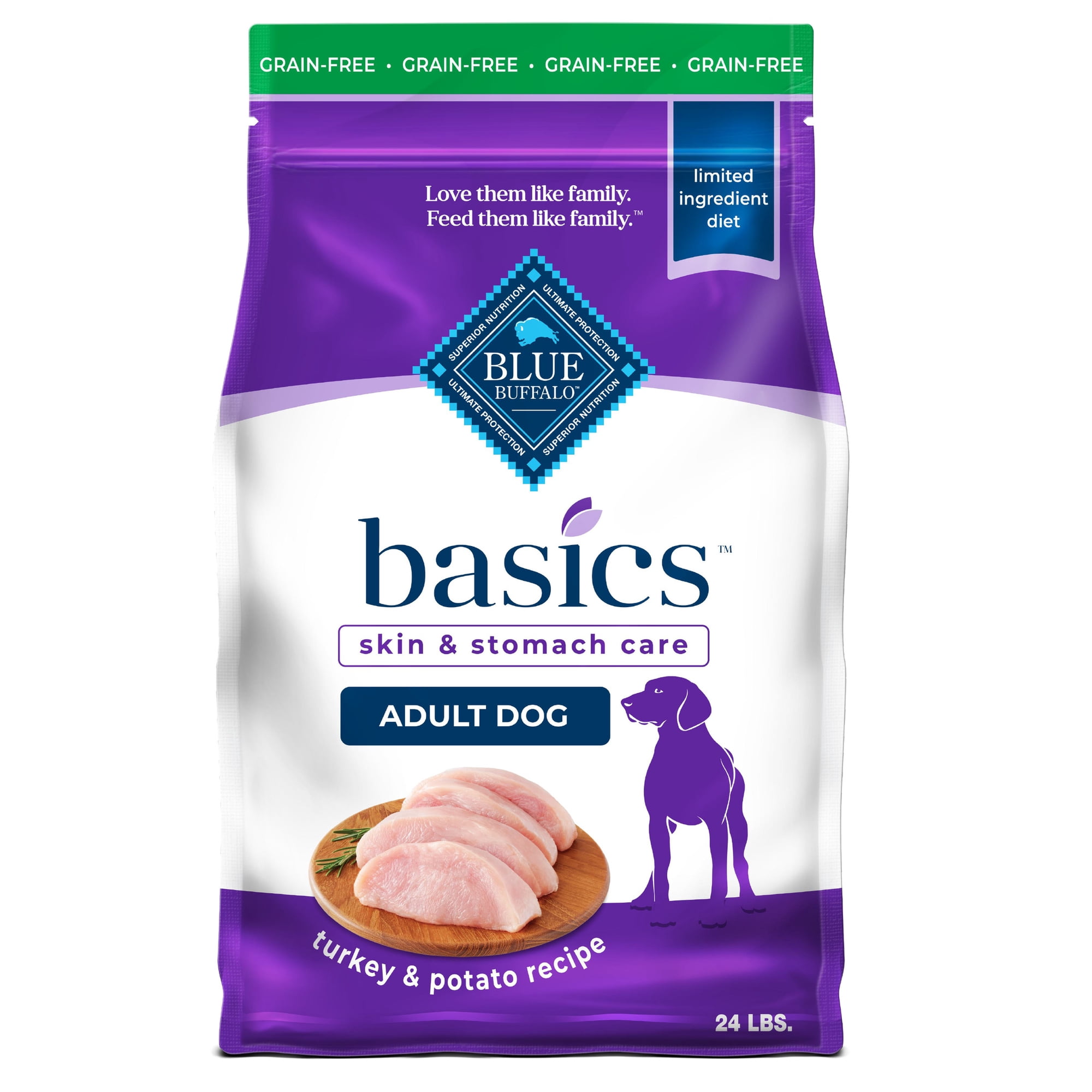Blue Buffalo Basics Grain Free Adult Dry Dog Food, Turkey, Chicken Free, 24lb Bag