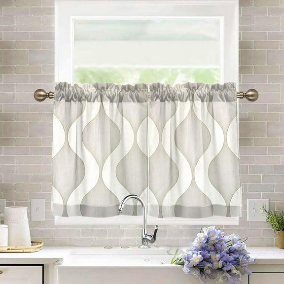 Yayeee Kitchen Curtains Tier Pair Light Filtering 27"x24" Rod Pocket Short Cafe Window Panel, Light Gray Pattern