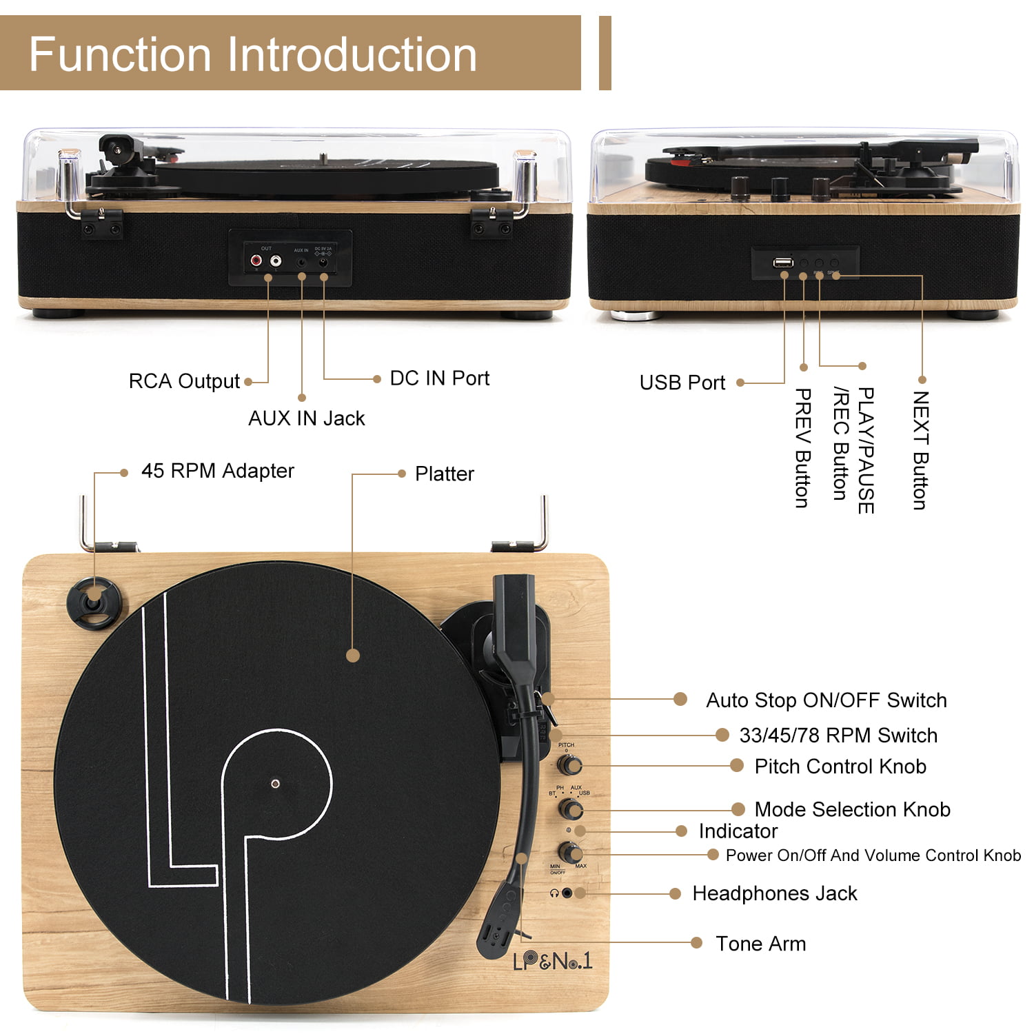 Vinyl Record Player with Speakers Vintage Turntable for Vinyl Records  Belt-Driven Turntable Support 3-Speed, Wireless Playback, Headphone,  AUX-in, RCA