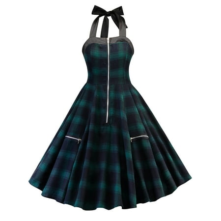 Gingham Cocktail - Vintage Dress Women 50s 60s Retro Check Plaid Gingham Rockabilly Halter Swing Dress Party Prom Pinup Cocktail Ball Gown