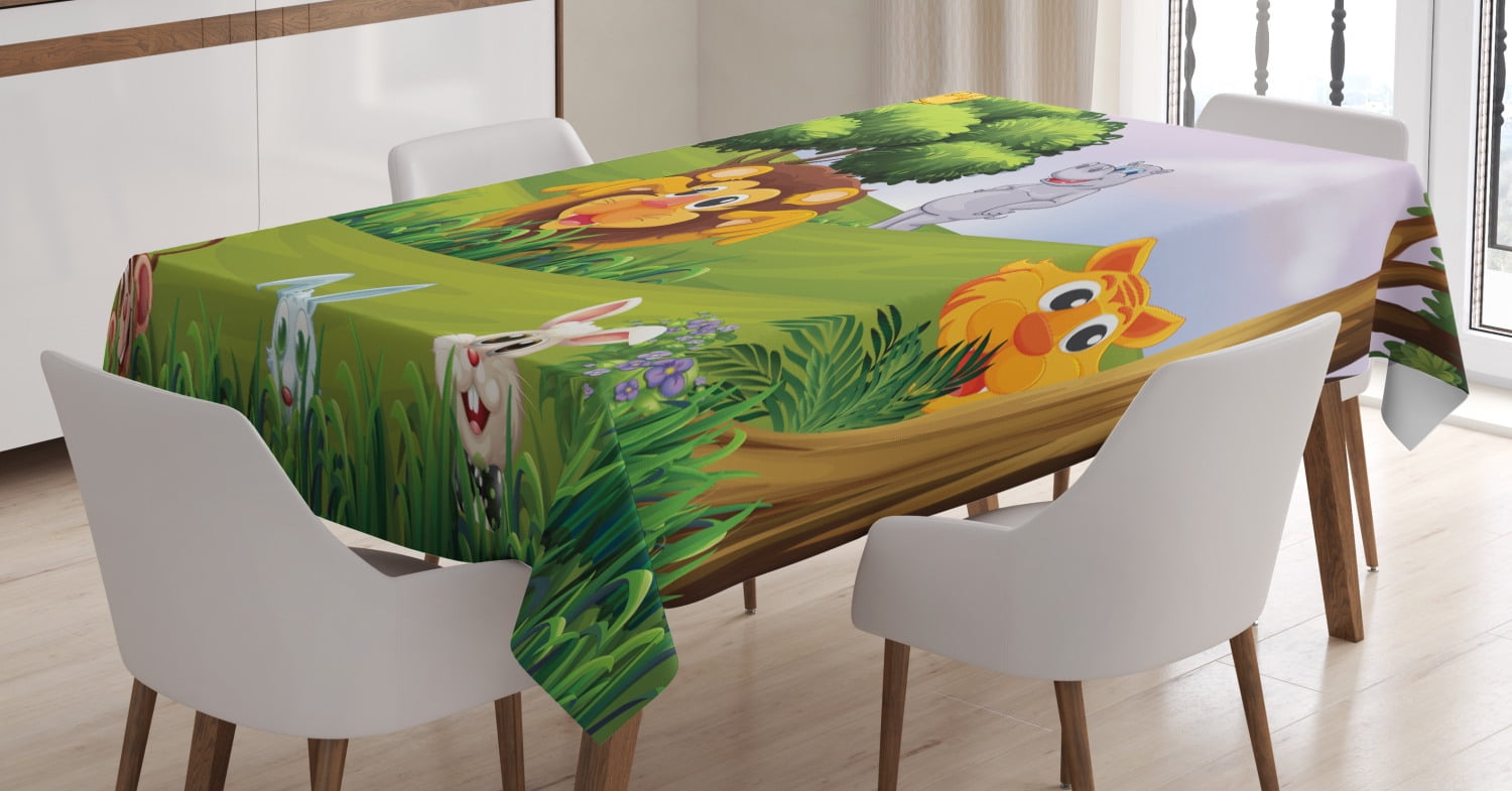 Zoo Tablecloth, Animals in the Forest Cartoon Illustration African