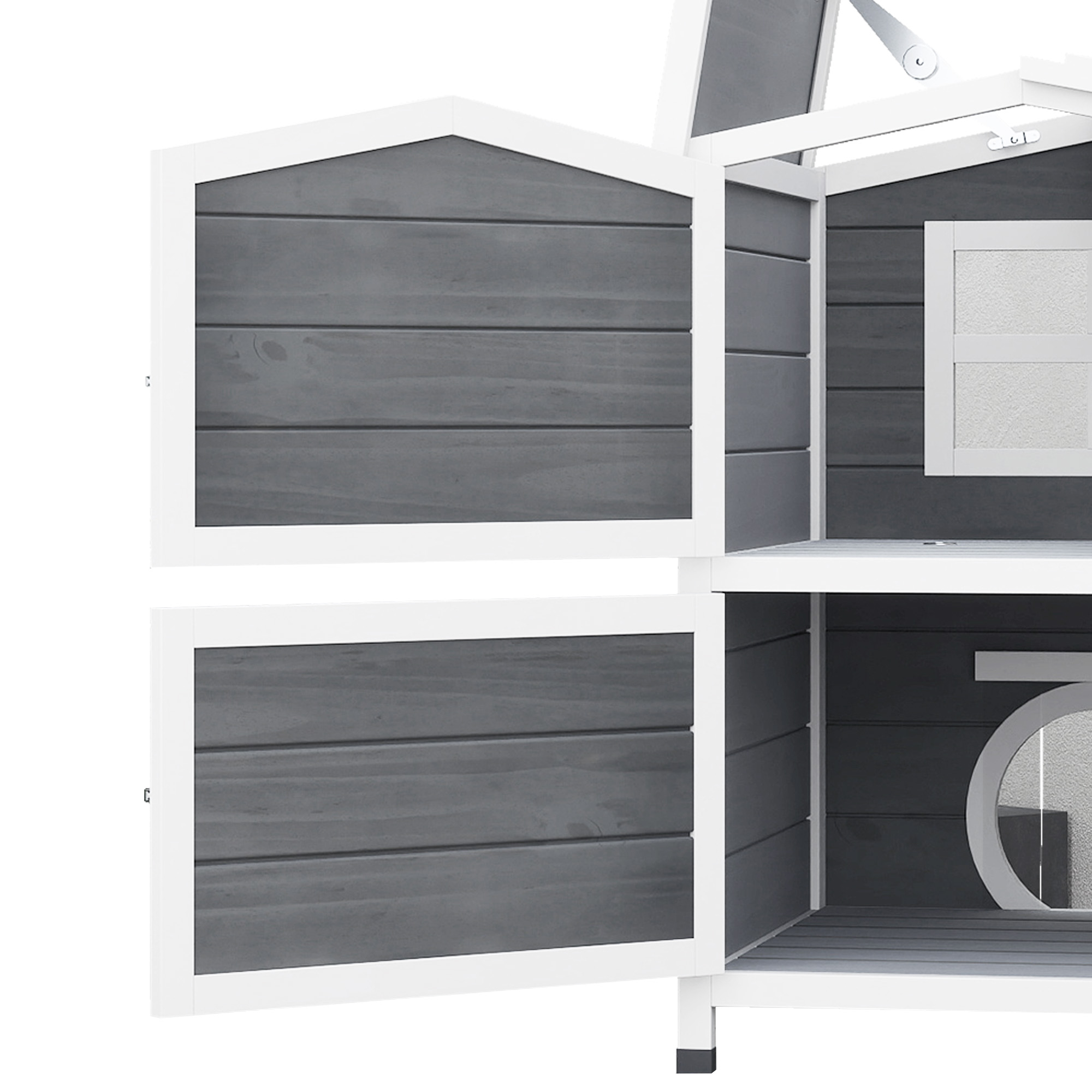 Uforic Cat House Outdoor Two-Story Wooden Feral Cat Shelter with Openable Roof, Escape Door - Gray