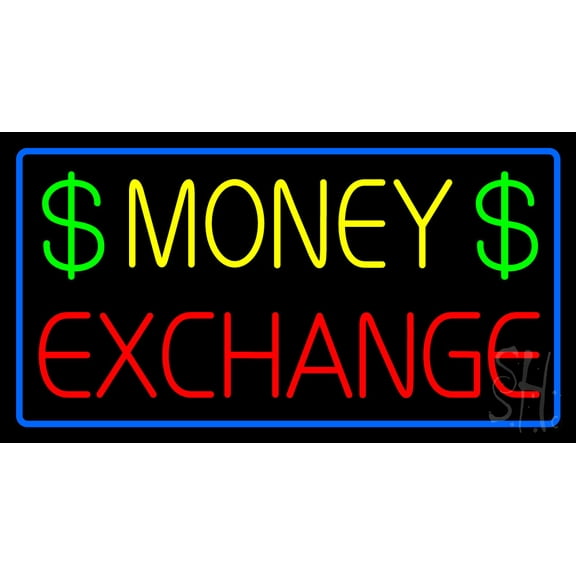 Money Exchange Blue Border LED Neon Sign 13 x 24 - inches, Black Square Cut Acrylic Backing, with Dimmer - Bright and Premium built indoor LED Neon Sign for Defence Force.