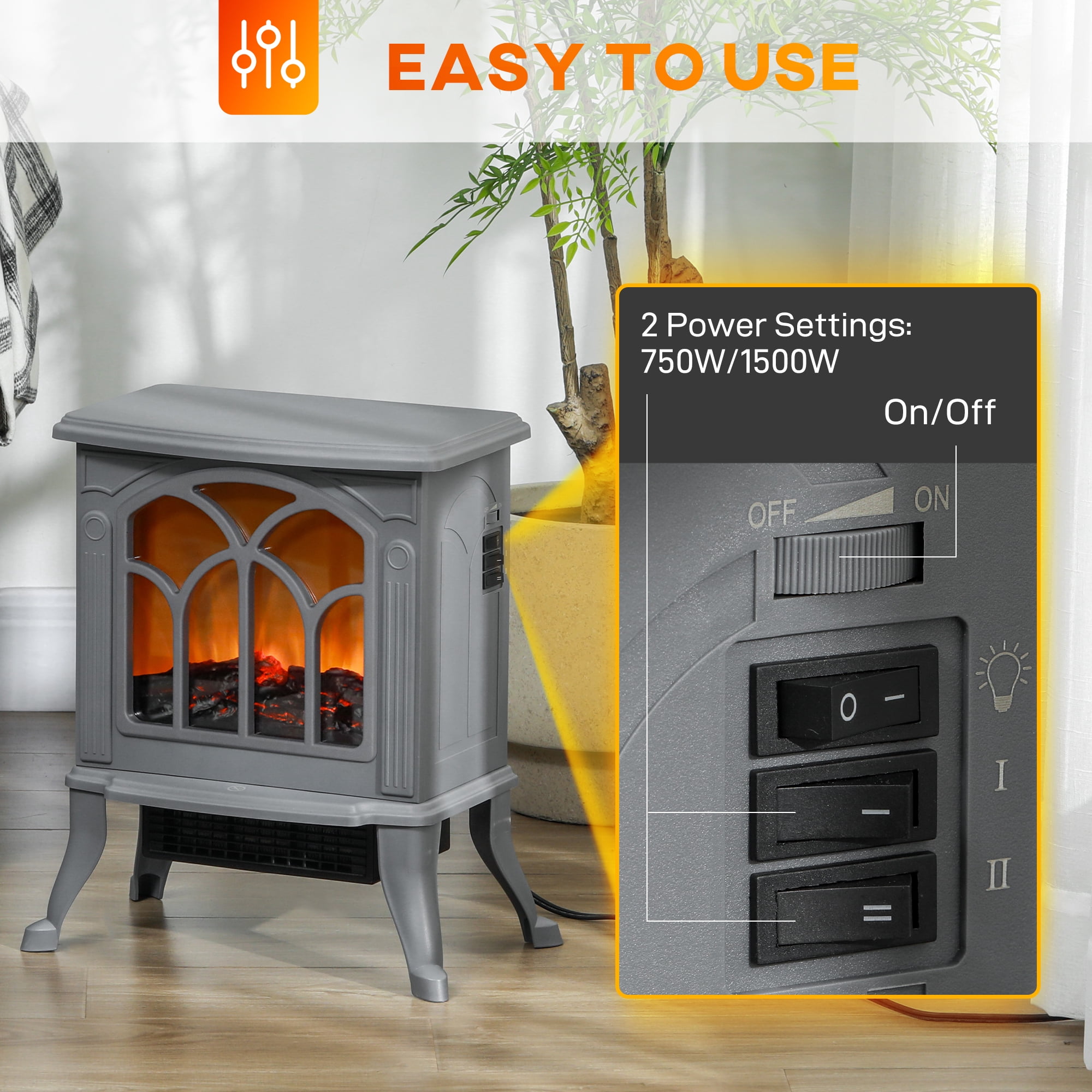 14.75" Freestanding Electric Fireplace, Gray 750W/1500W 161-215 sq.ft, Tempered Glass Overheat Protection Independent Flame Effect