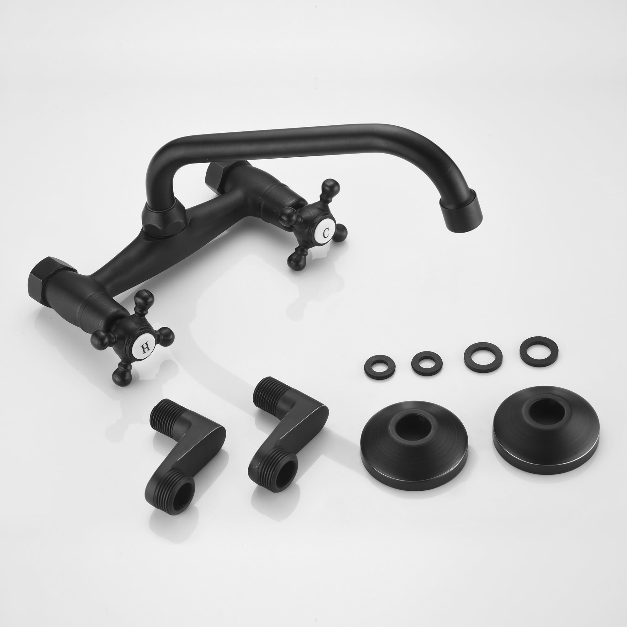 Sumerain Wall Mount Kitchen Sink Faucet, 6-Inch Adjustable Center Sink Faucet, 2 Cross Handles Kitchen Sink Tap, Matte Black
