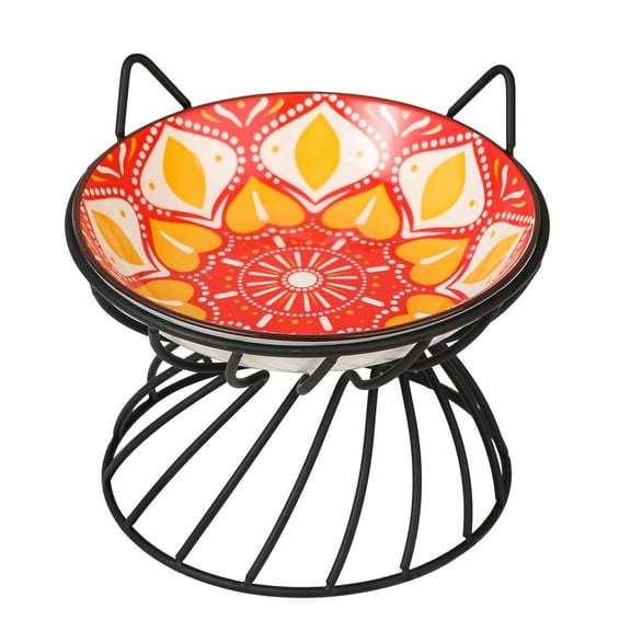 Raised Ceramic Cat Food Bowl - Elevated Cat Dish with Anti Slip Metal Stand - Wide Shallow Cat Bowl Whisker Friendly - Small Cat Plate - Cute Cat Feeding Bowls - Microwave and Dishwasher Safe - 8 oz