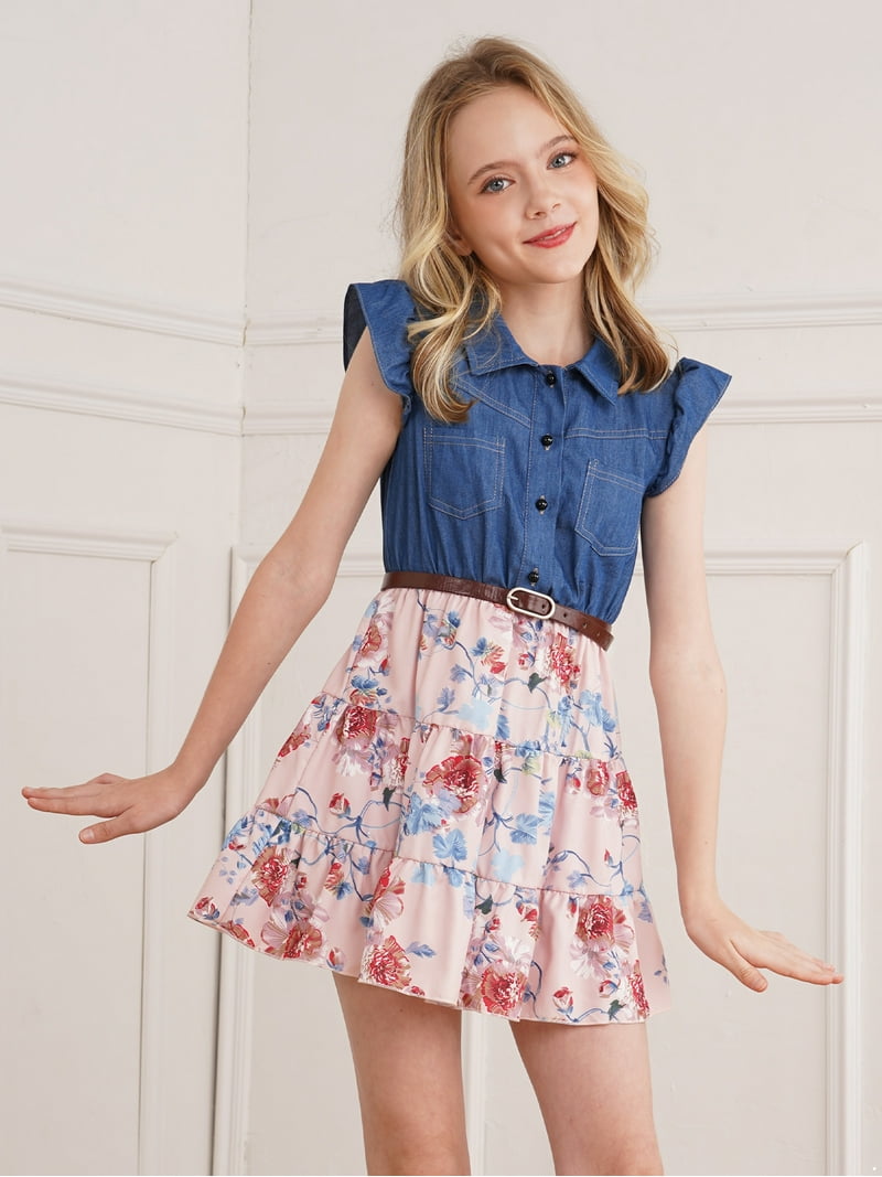 CHICTRY Little Girls Denim A-line Dress Holiday Casual Floral