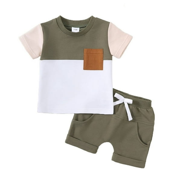 Newborn Baby Boy Clothes Green and White Patchwork Short-Sleeved Shirt with Brown Pocket and Shorts Set 2PCs Infant Summer Outfits