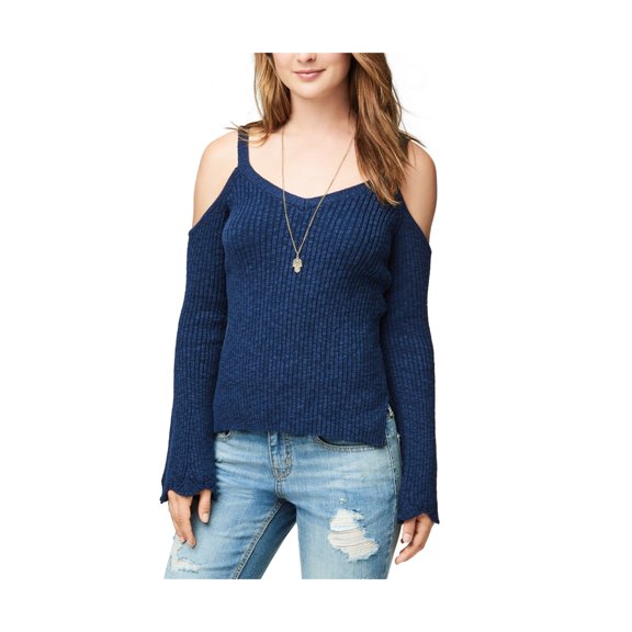 Aeropostale Womens Cold Shoulder Textured Pullover Sweater, Blue, Large