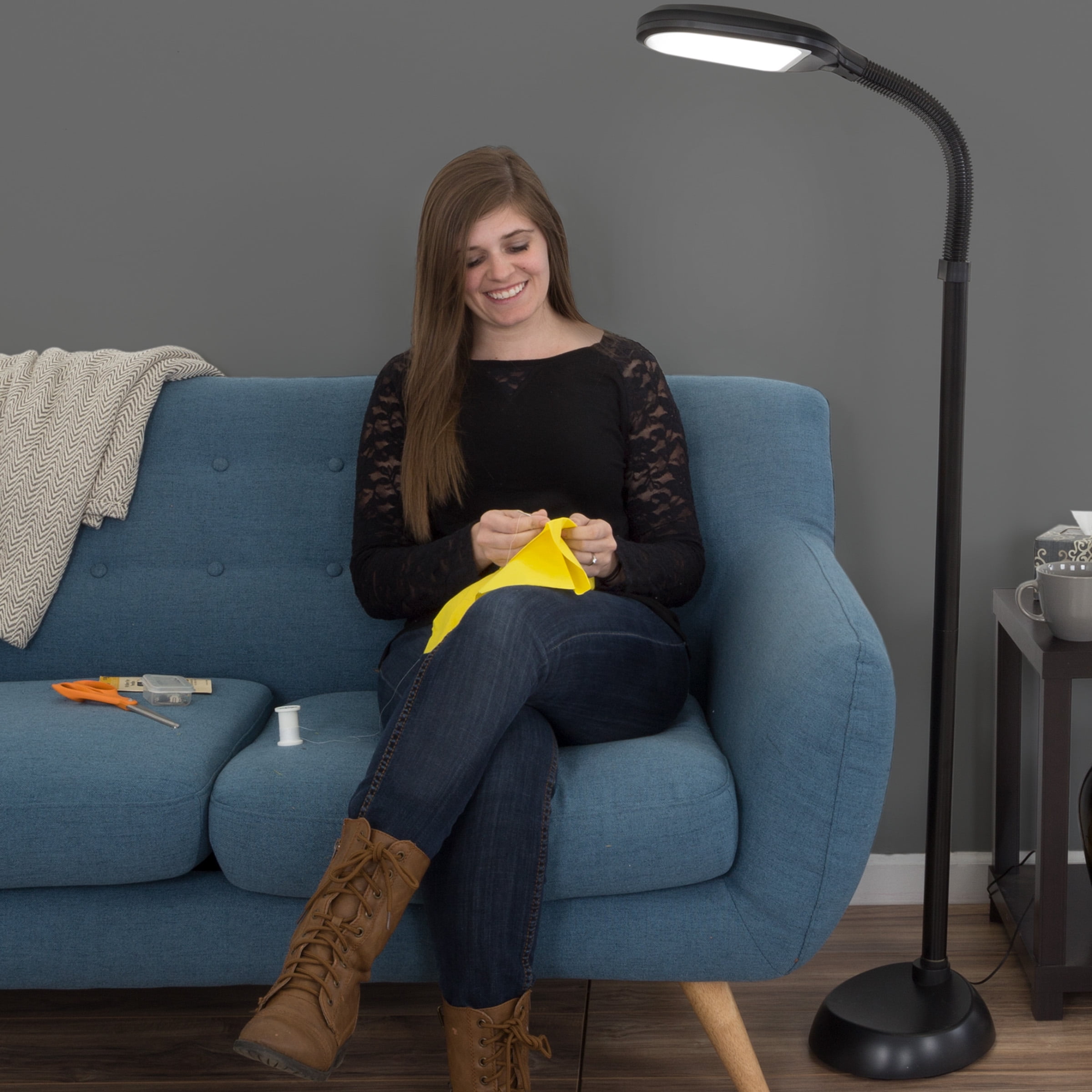 Lavish Home Adjustable LED Floor Lamp with Bendable Neck - Natural Sunlight LED Lamp for Bedroom and Living Room (Black)