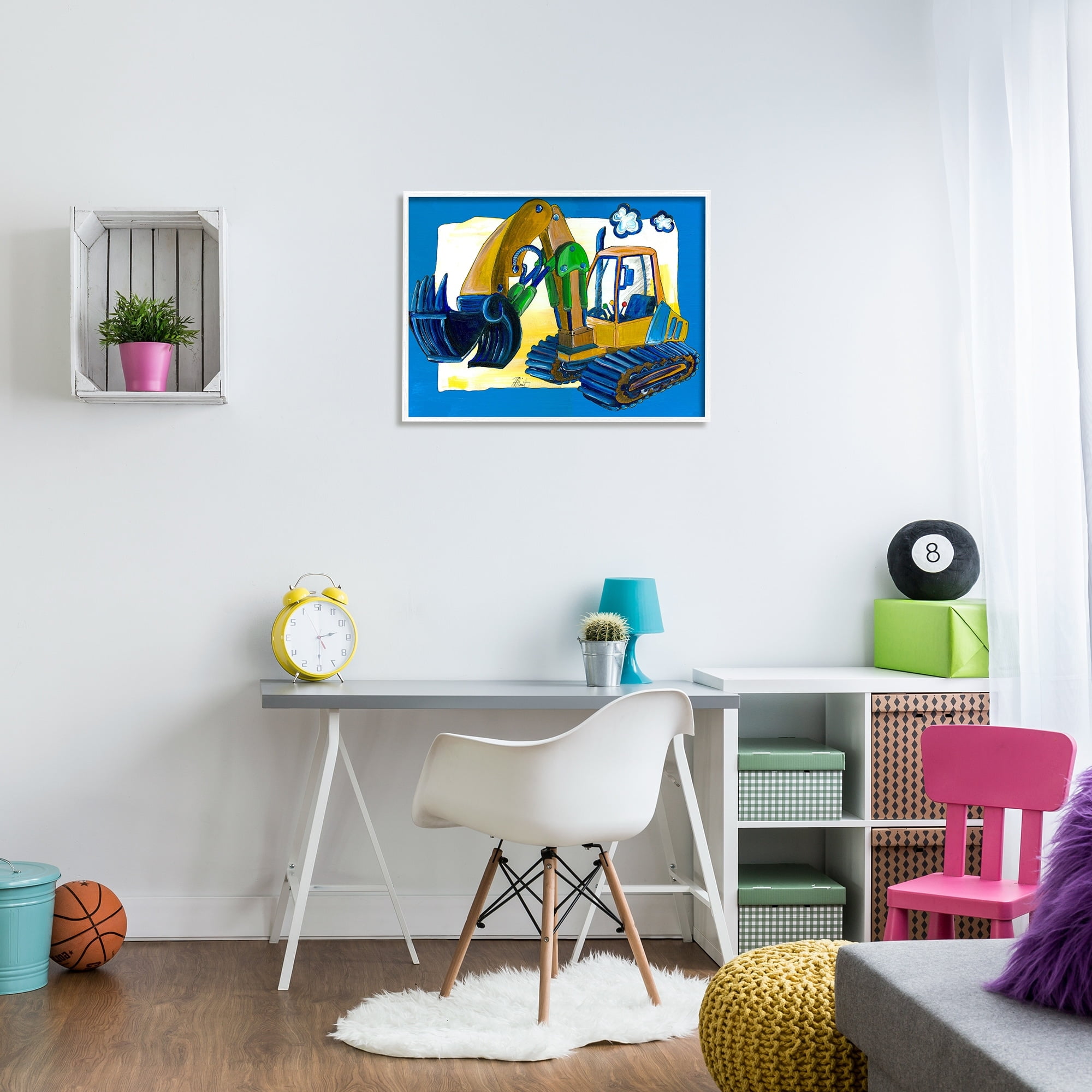 Stupell Industries Yellow Excavator with Blue Border, 24 x 30,Design by Bealook Kids