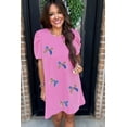thumbnail image 6 of Trendy Women's Bright Pink Graphic Tee Dress - Sequin Bow Detail and Short Puff Sleeves | [ZhiHiMeRi] | (US 8-10)M, 6 of 9