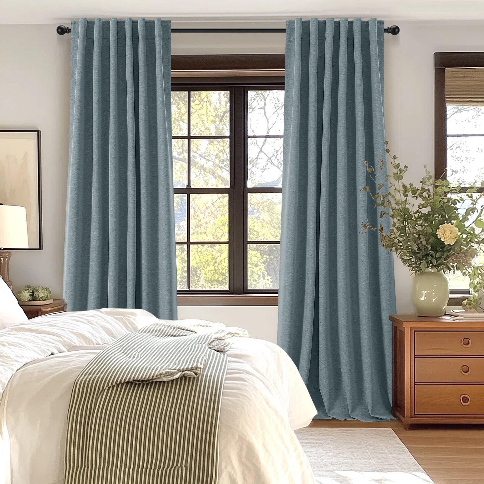 PrimeBeau 100% Blackout Curtains 96 Inch Length 2 Panels Set for Bedroom Windows/Living Room Thermal Insulated linen-like fabric Blend Curtain Rod Pocket/Back Tab Stone Blue