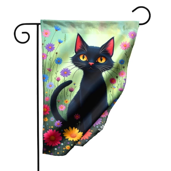 Black Cat Garden Flag with Flowers Whimsical Outdoor Decor Double Sided Polyester Yard Banner for Patio Lawn Home 12.5x18 Inch#25581