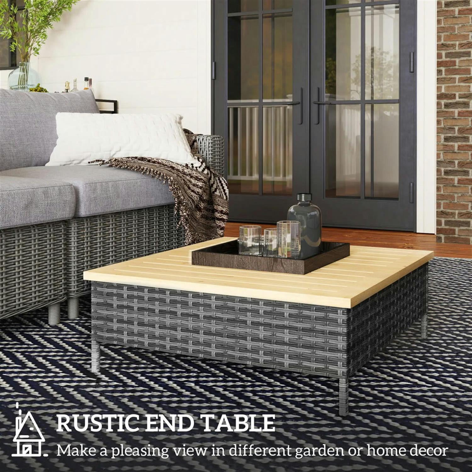 Demi Bonn 27" Rattan Side Table with Natural Fir Wood Top End Table, Weatherproof Outdoor Accent Table for Patio, Deck, Poolside, Gray