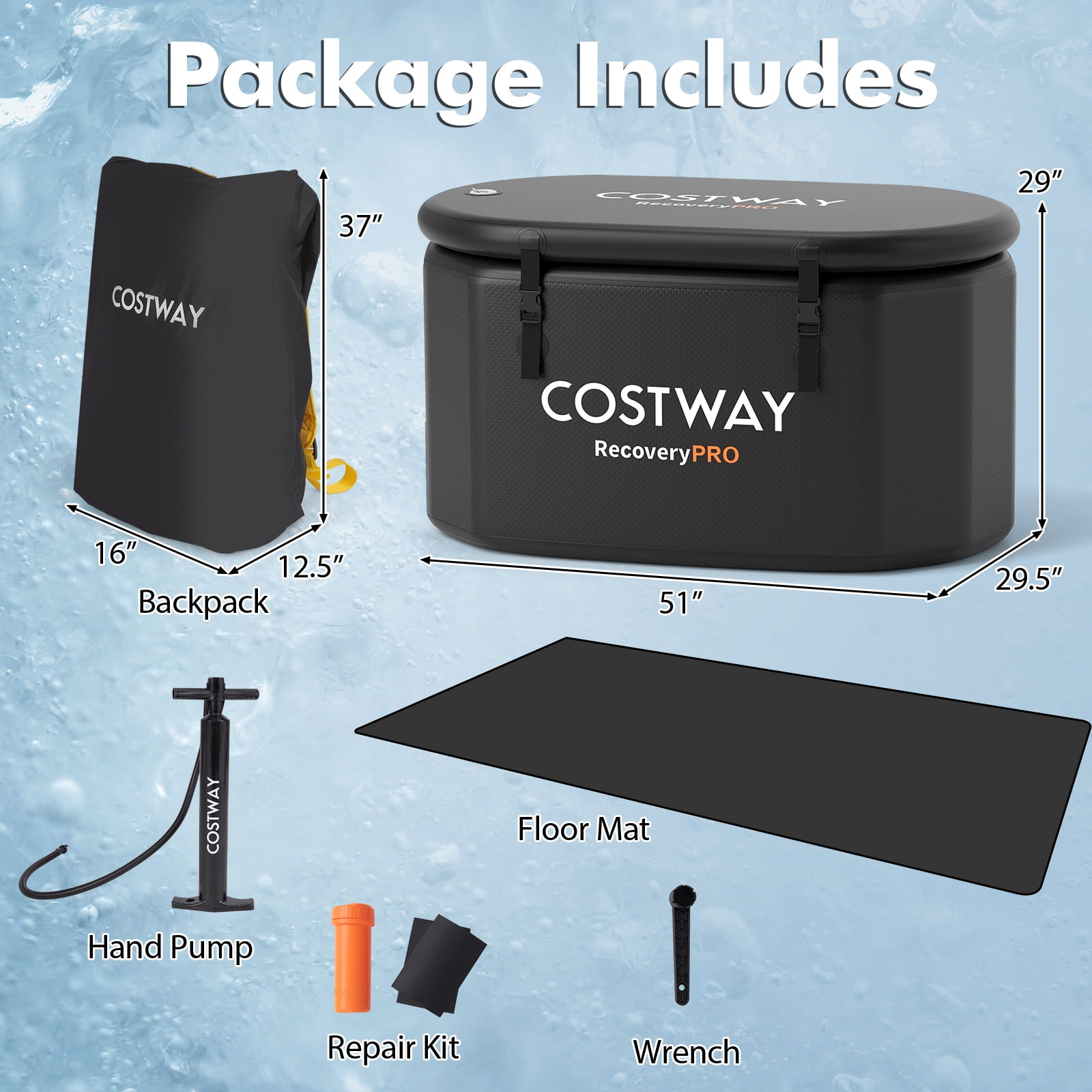 Costway XL 129 Gal Oval Ice Bath Tub for Athletes with Cover Hand Pump Backpack for Adults Black