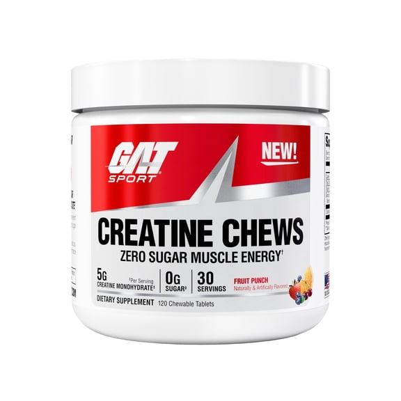 GAT SPORT Creatine Chews, Zero Sugar, 5g Pure Creatine Monohydrate, 3rd Party Tested, Brain Health, Muscle, Strength, Anti-oxidant Support, for Men & Women, 30 Servings (Fruit Punch)