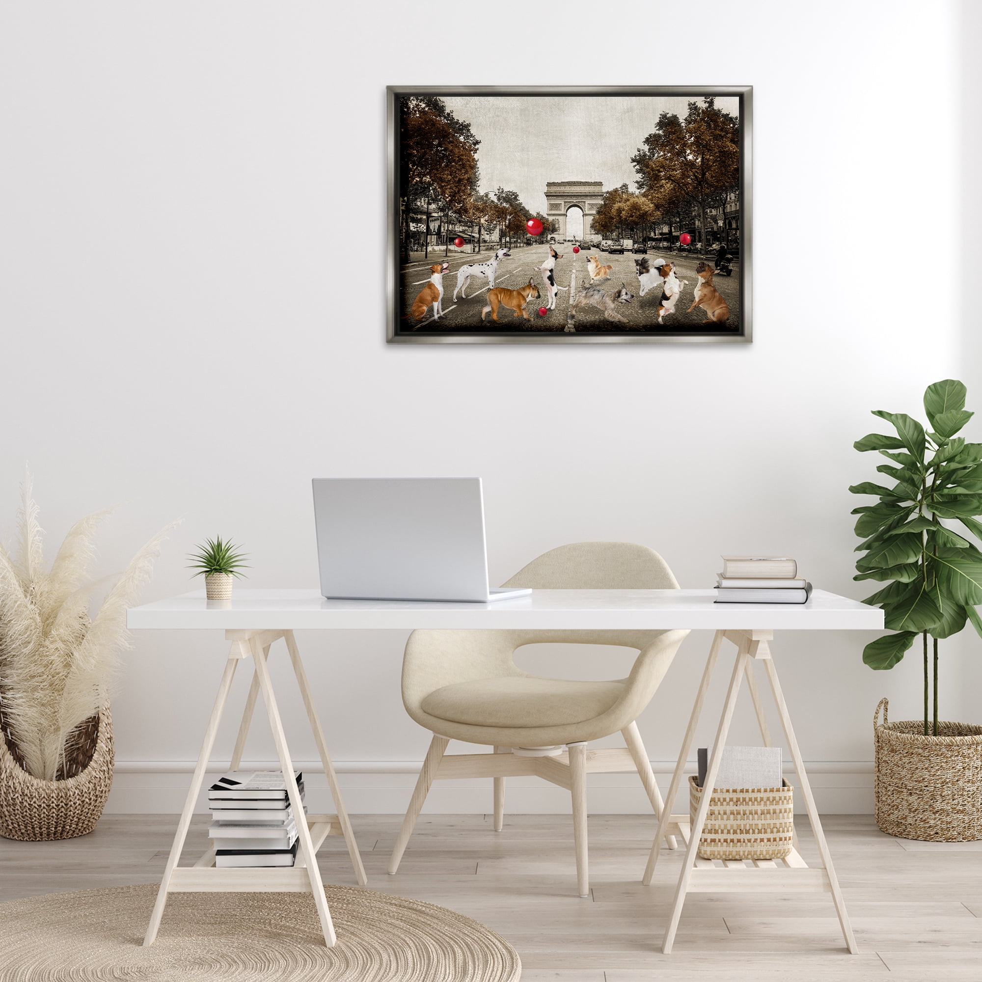 Stupell Industries Dogs Playing Among Architecture Animals & Insects Painting Gray Floater Framed Canvas Art Print Wall Art, 31 x 21